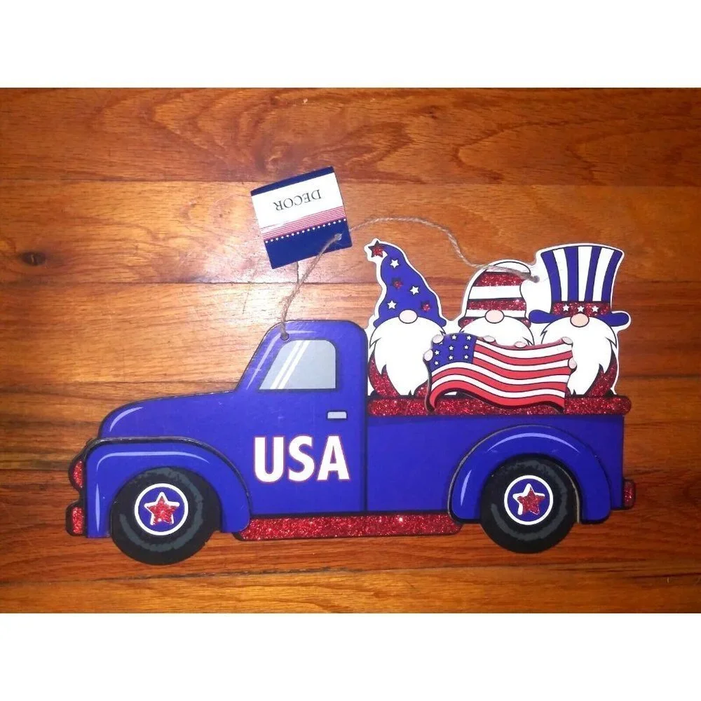 Lot of 2 Patriotic Pickup Trucks w/Gnomes & Flag 13